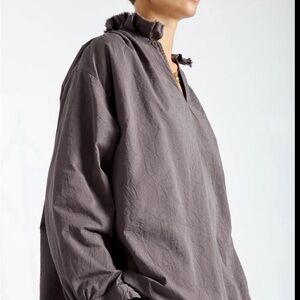 Ruffled Neck Long-Sleeve Blouse in Charcoal Gray